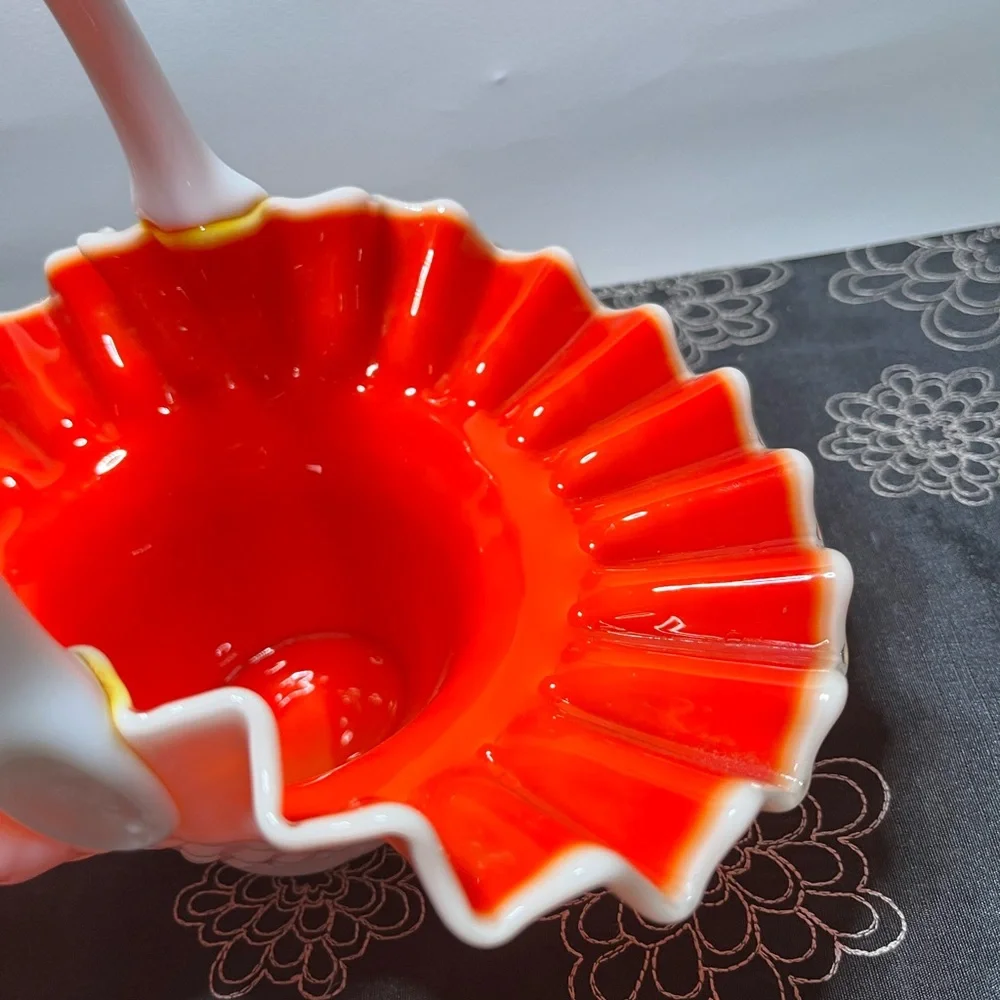 Vintage Fenton Hobnail Basket Ruby Red Overlay with White Handle & Ruffled Edge